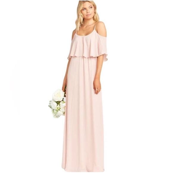 Show Me Your Mumu Caitlin Ruffle Maxi Dress Bridesmaid Dusty Blush Crisp LG NWT - Picture 1 of 16